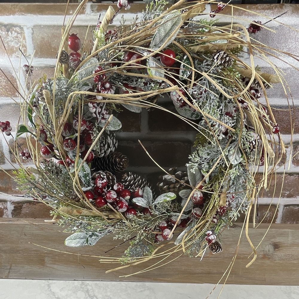 Christmas - Winter Wreath 12" - Red Berries, Greenery And Pine Cones